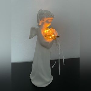 Vintage Ceramic Angel with Beaded Halo & Holding Flowers 10” H. Lights-Up